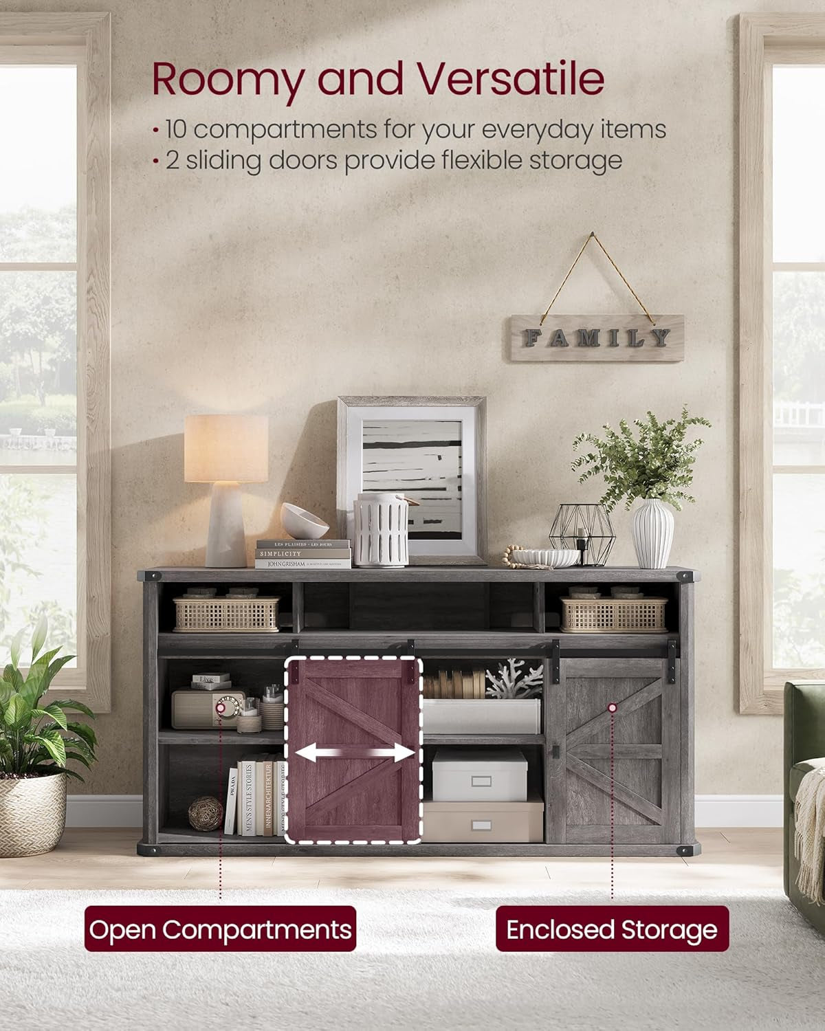 TV Stand for Tvs up to 65 Inches, Farmhouse Entertainment Center with Sliding Barn Doors, TV Console Table for Living Room, Misty Gray ULTV322G68-4