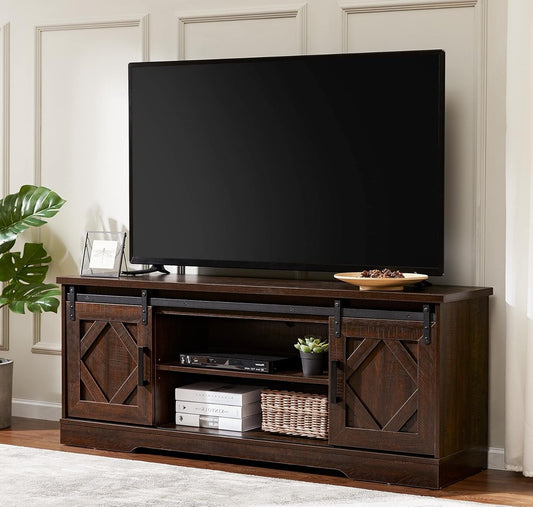 Farmhouse TV Stand Modern Sliding Barn Door Entertainment Center for Tvs up to 65 Inch, Wood TV Media Console Table Cabinet Storage for Living Room, Rustic Brown-0