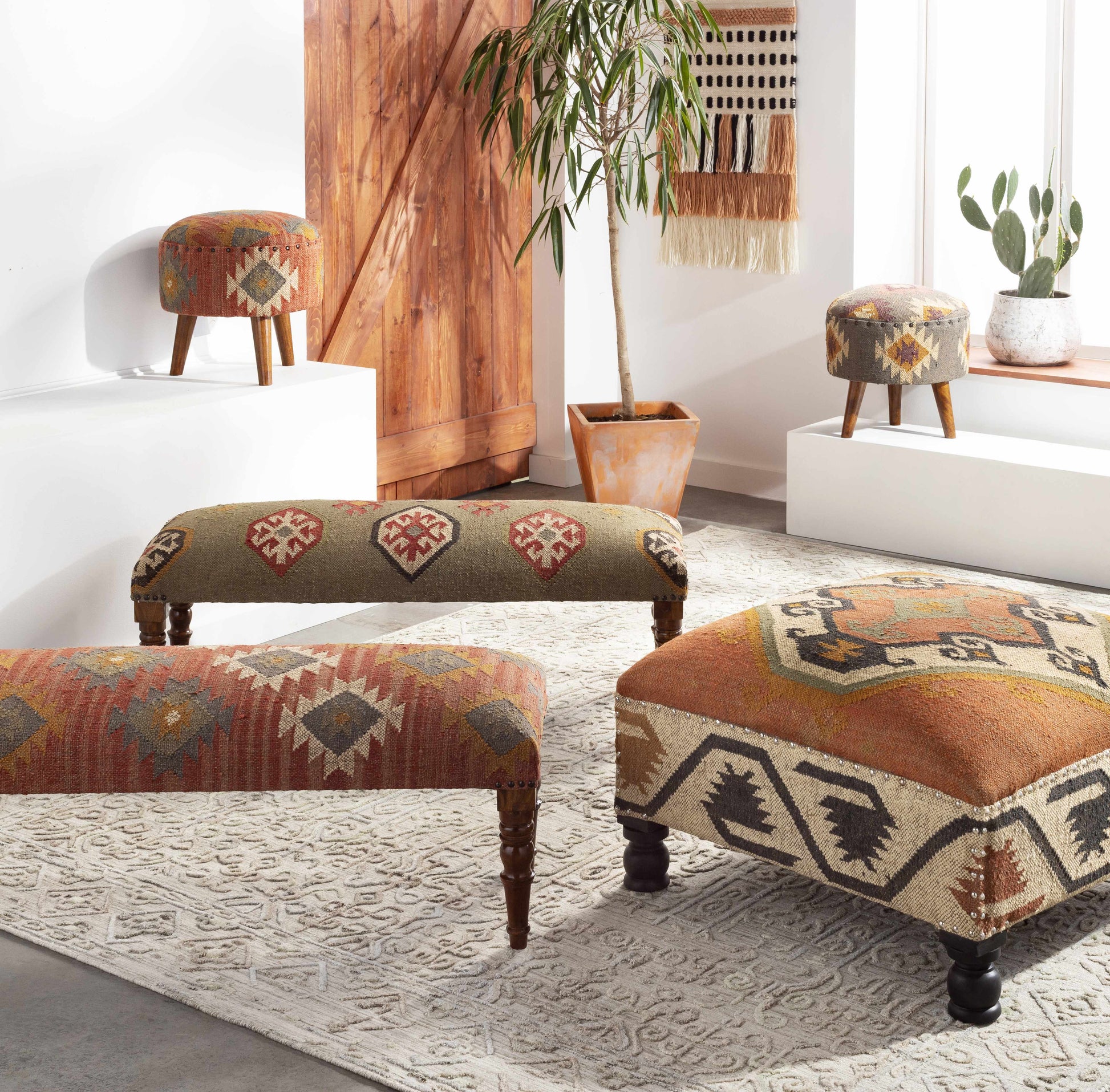 Yunak Rustic Geometric Tapestry Bench-3