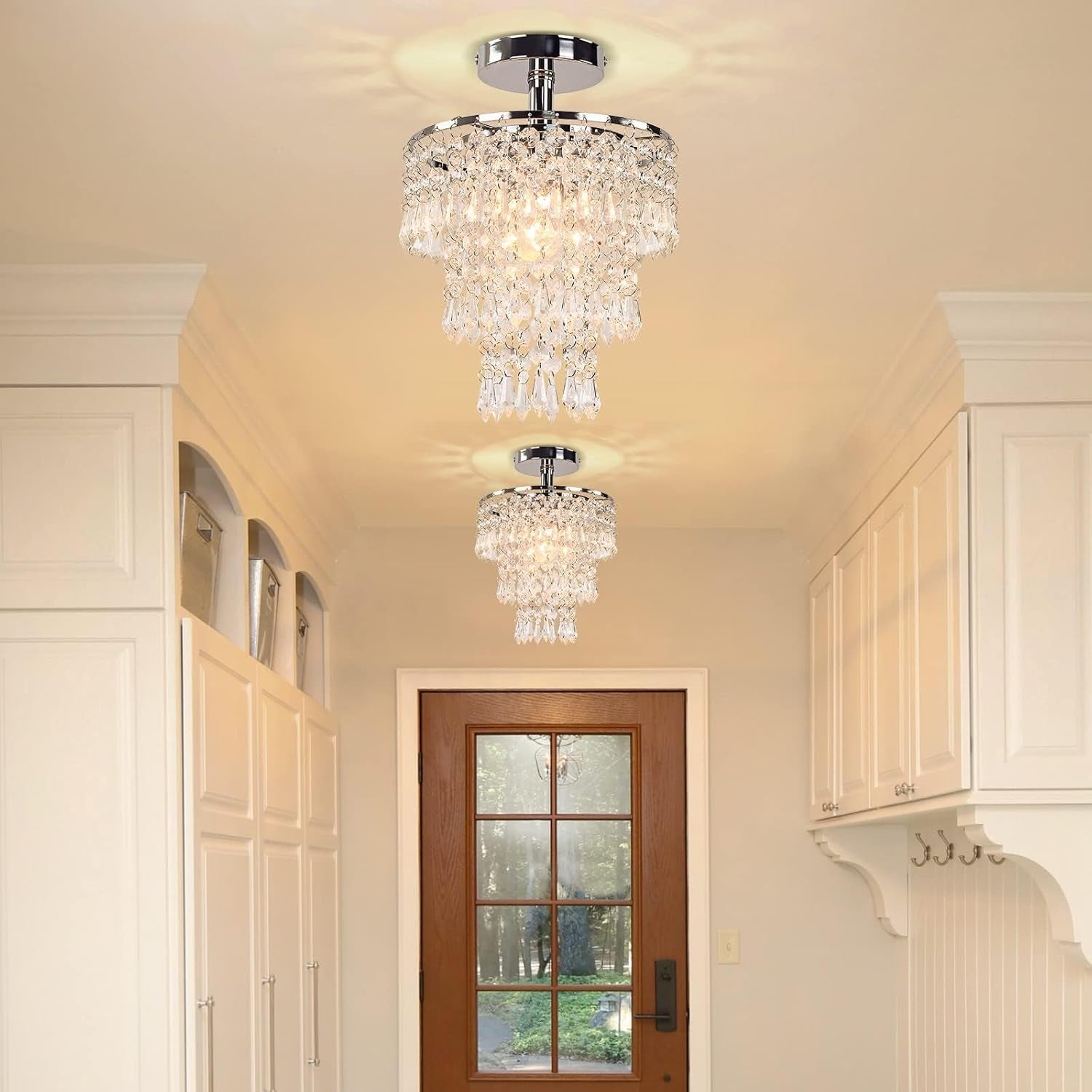 Small Crystal Chandelier Led Crystal Ceiling Lights 3 Tiers Crystal Raindrops Chandelier Pendant Lighting Fixture Decoration for Bedroom Hallway Living Room,Chrome,E26-0
