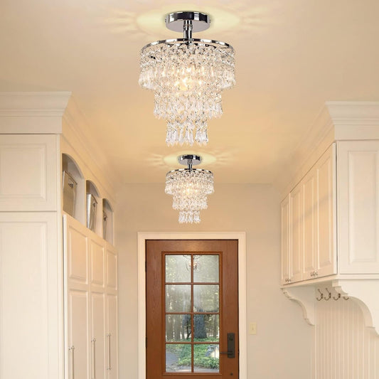 Small Crystal Chandelier Led Crystal Ceiling Lights 3 Tiers Crystal Raindrops Chandelier Pendant Lighting Fixture Decoration for Bedroom Hallway Living Room,Chrome,E26-0