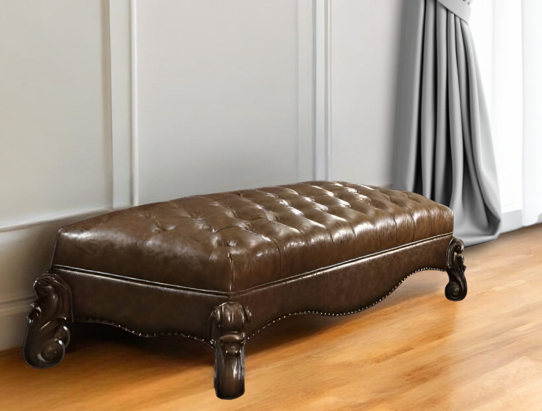 65" Brown Tufted Faux Leather Upholstered Bench-1