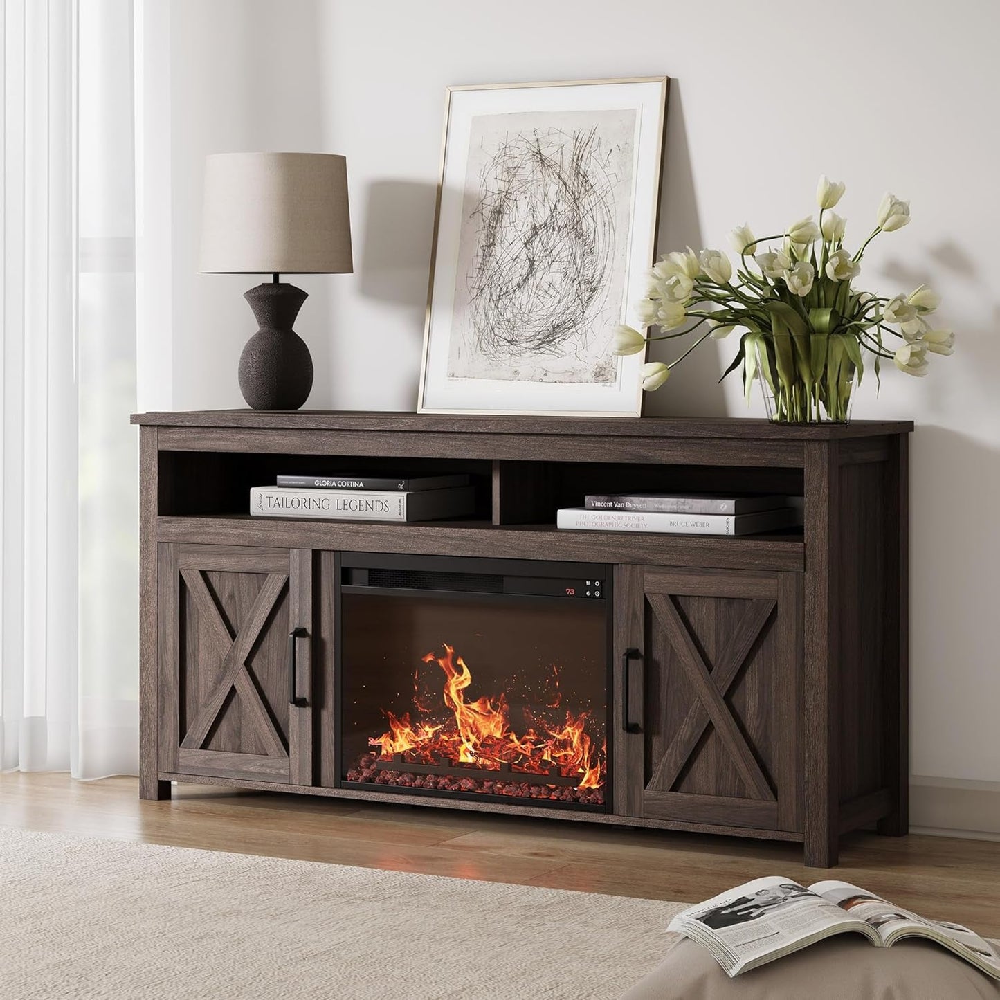 65" Barn Door Fireplace TV Stand Dark Walnut-1