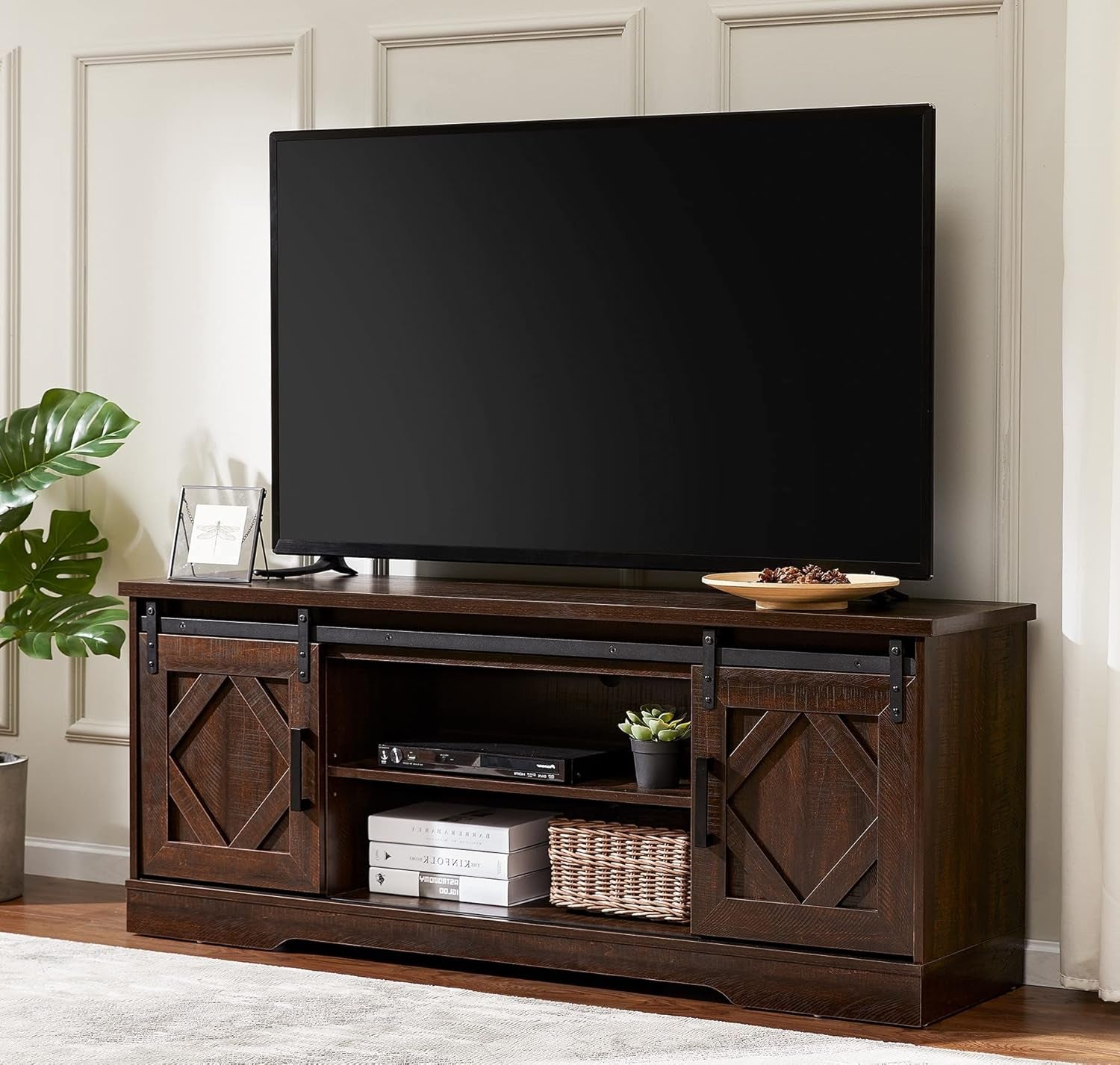 Farmhouse TV Stand Modern Sliding Barn Door Entertainment Center for Tvs up to 65 Inch, Wood TV Media Console Table Cabinet Storage for Living Room, Rustic Brown-0