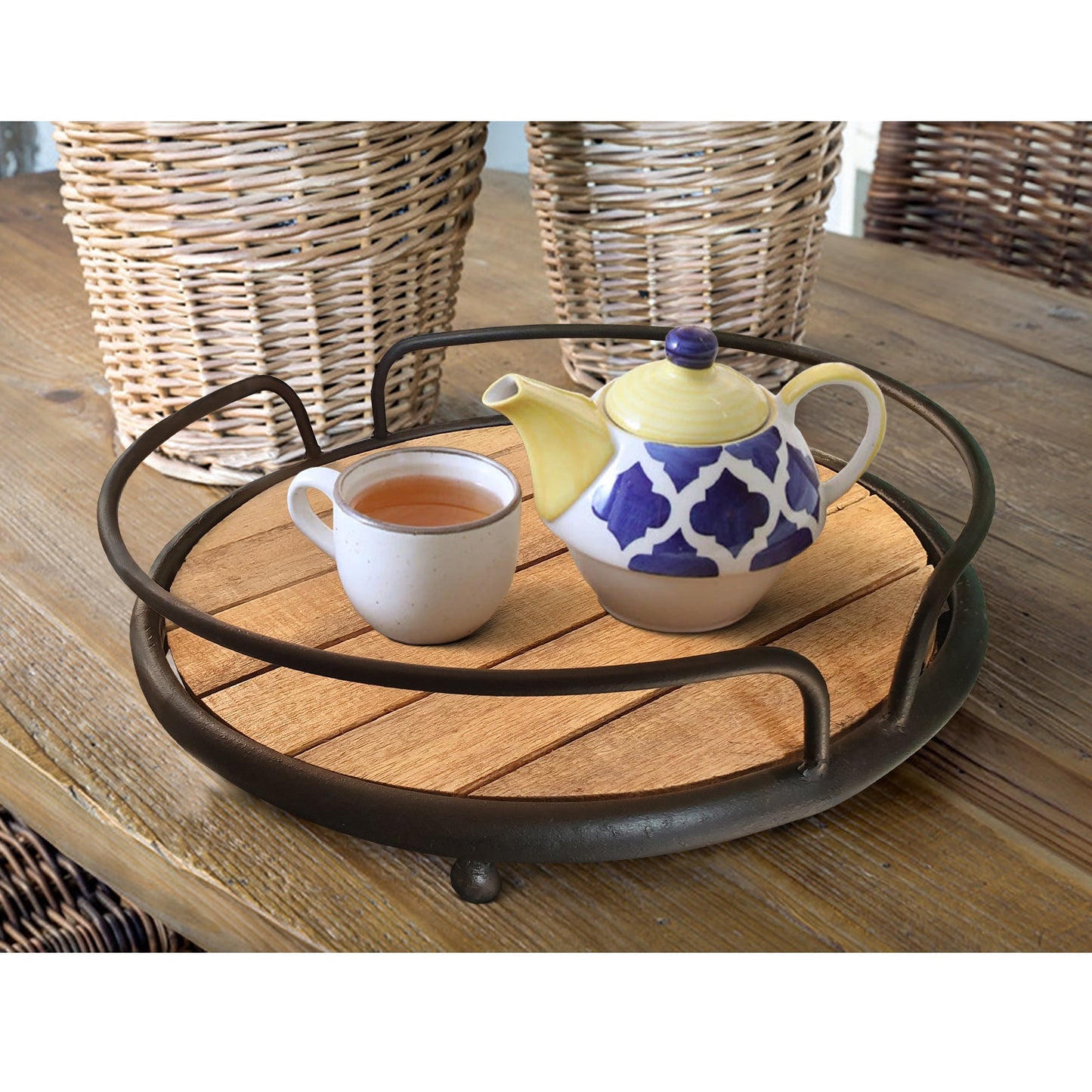 Round Tubular Metal Frame Tray with Plank Style Wooden Base, Brown and Black