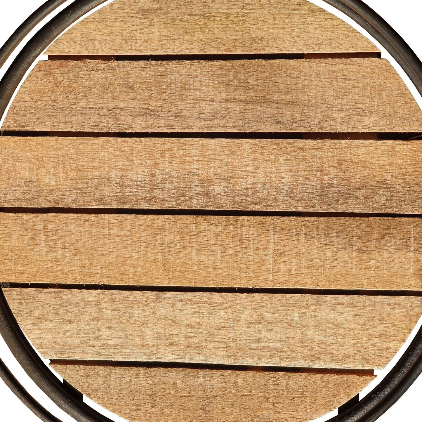 Round Tubular Metal Frame Tray with Plank Style Wooden Base, Brown and Black