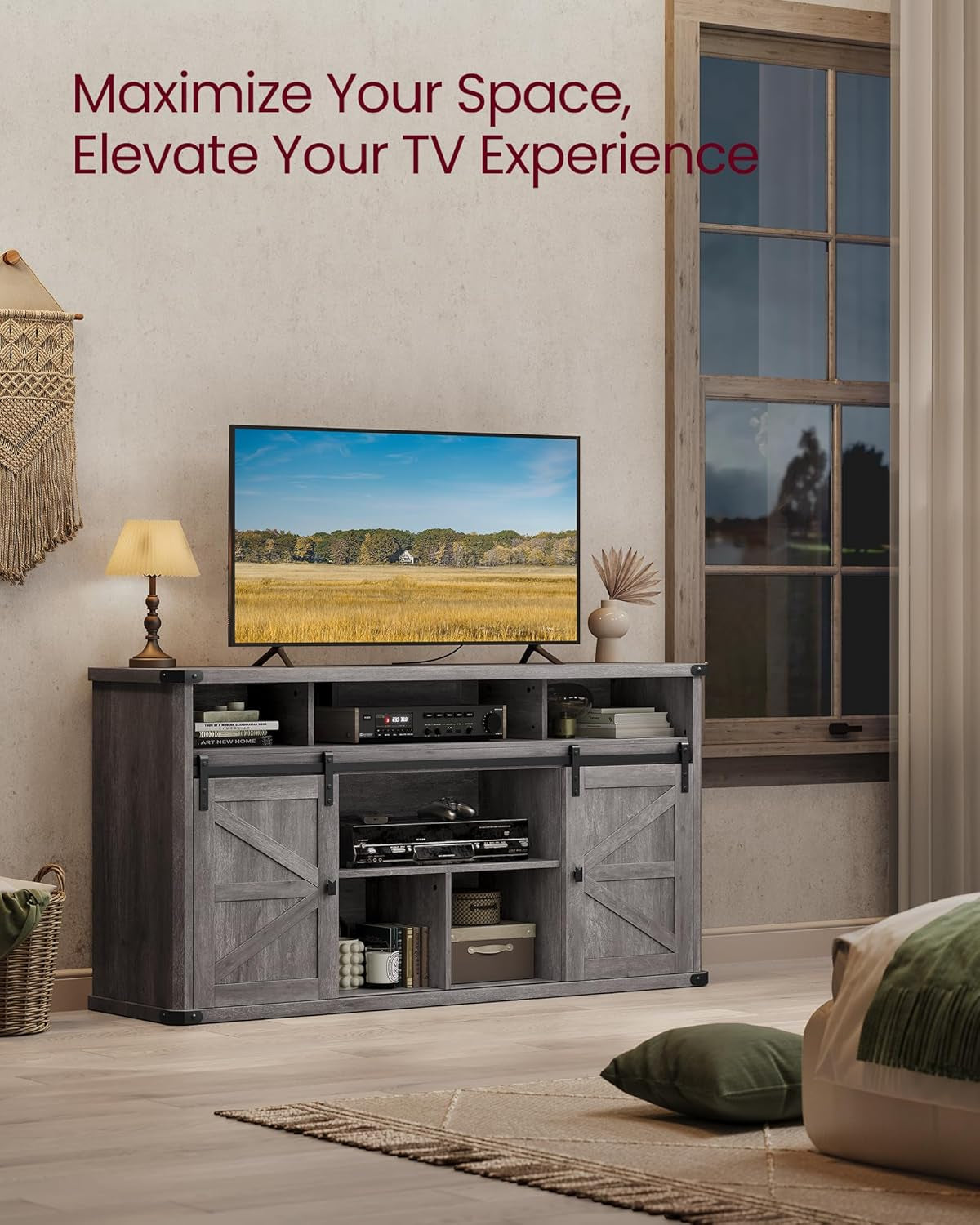 TV Stand for Tvs up to 65 Inches, Farmhouse Entertainment Center with Sliding Barn Doors, TV Console Table for Living Room, Misty Gray ULTV322G68-3