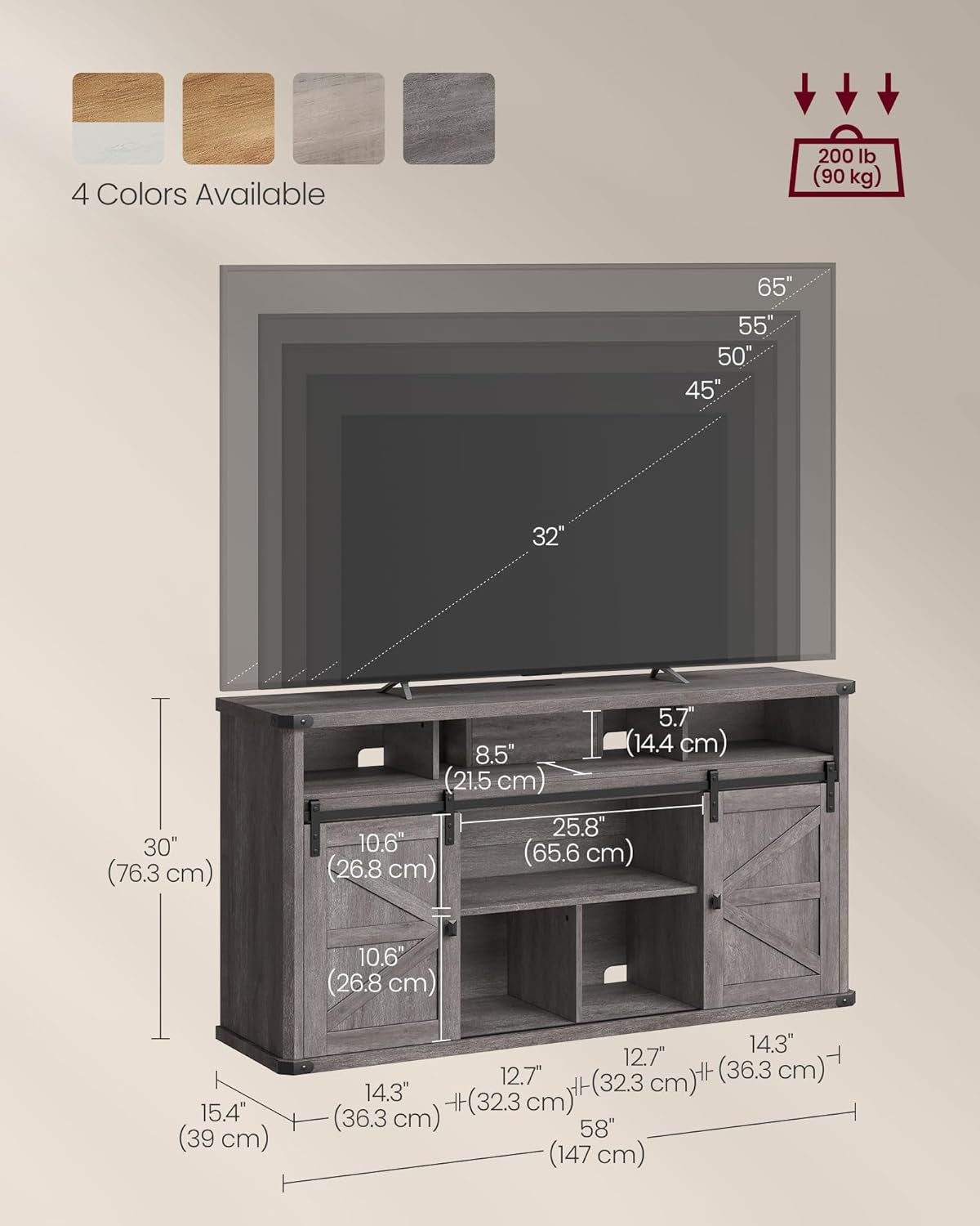 TV Stand for Tvs up to 65 Inches, Farmhouse Entertainment Center with Sliding Barn Doors, TV Console Table for Living Room, Misty Gray ULTV322G68-2
